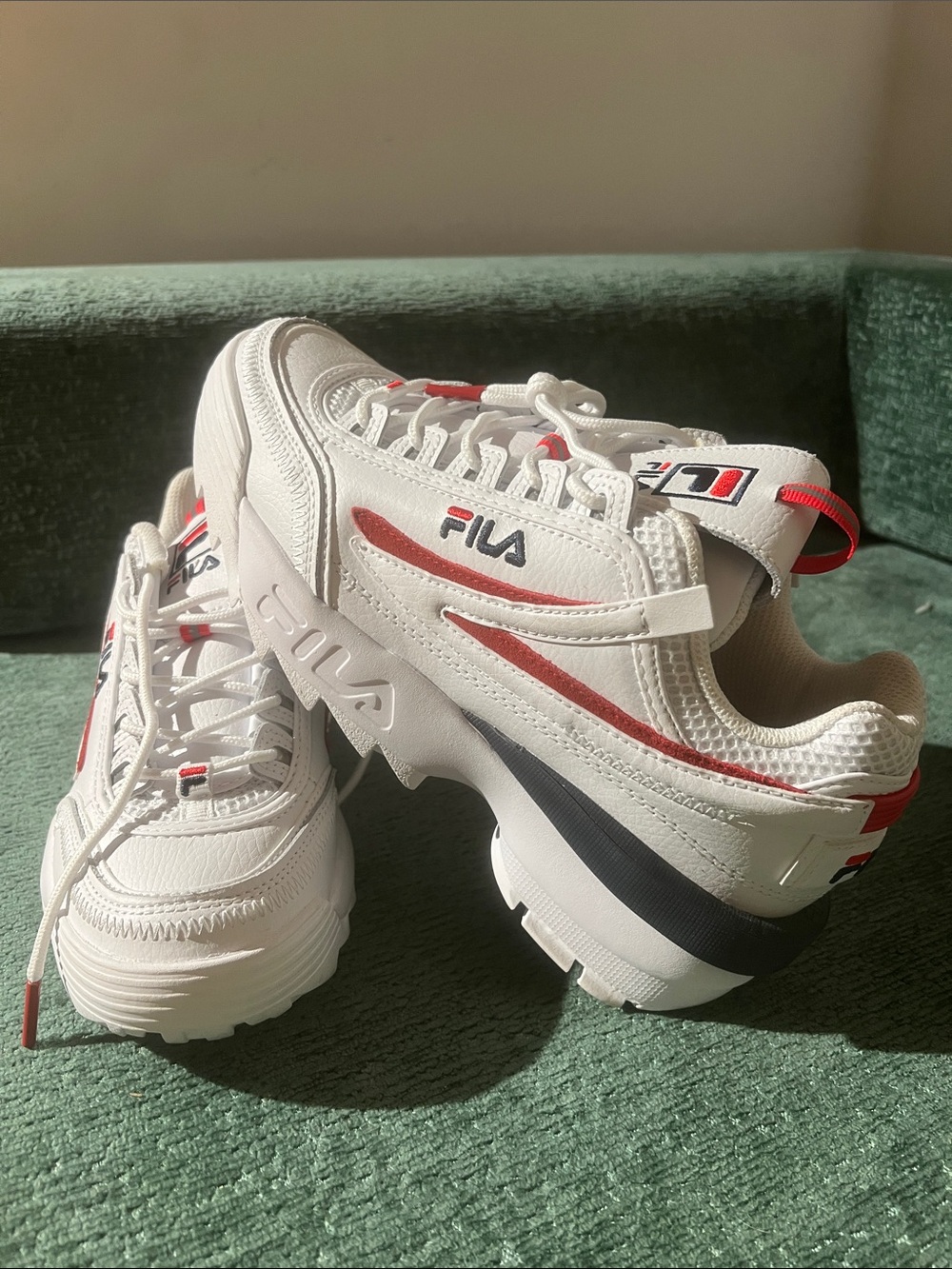 Fila Disruptor White Sneakers with Red and Navy Accents